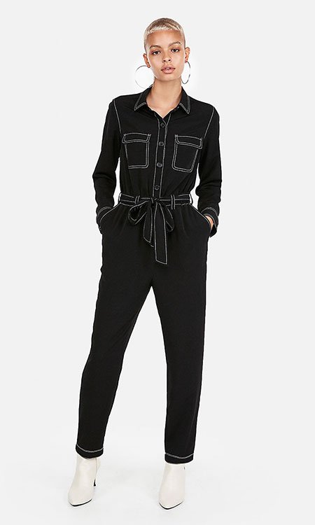 anne hathaway style black Contrast Stitch Jumpsuit