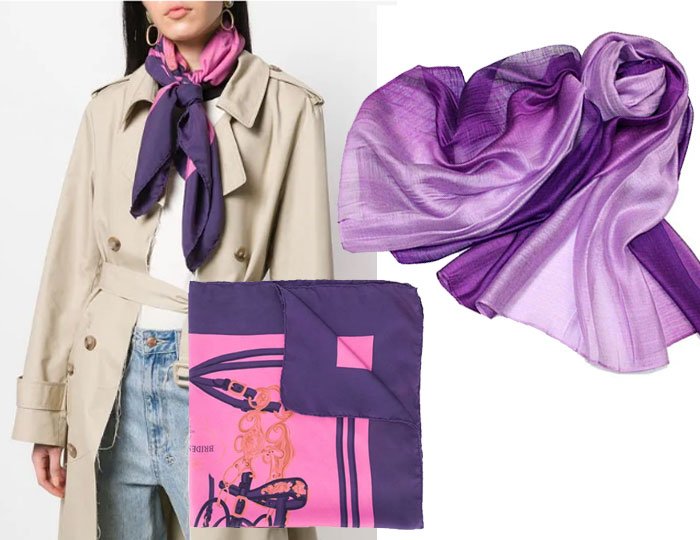 business casual scarves hermes on model and inexpensive purple pattern