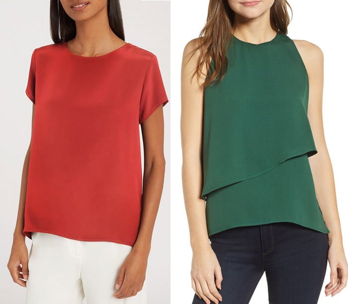 business casual silk tees red short sleeve and green tiered