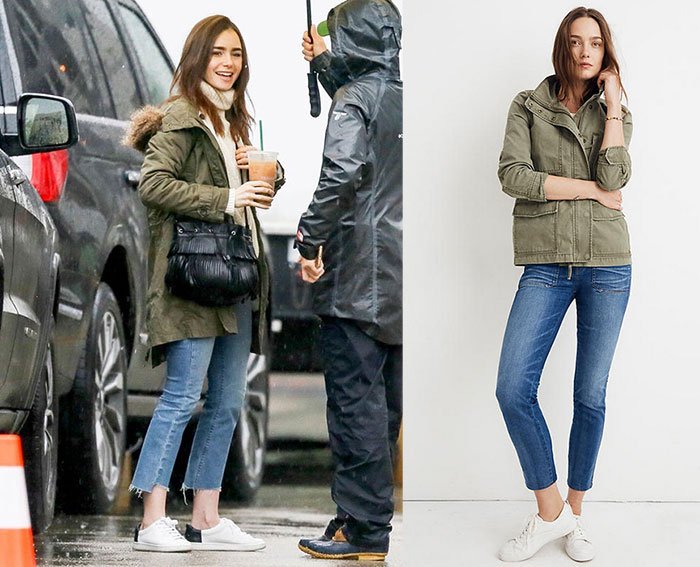 Lily Collins styl rainy day outfits olive green Madewell Jacket 