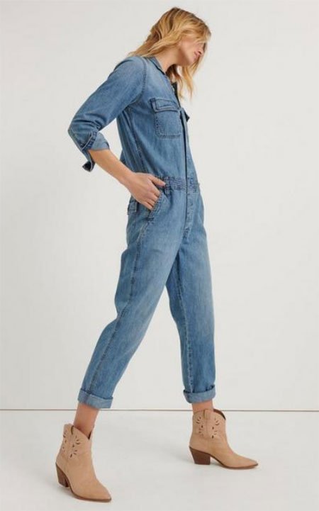 celebrity style blue denim boiler suit