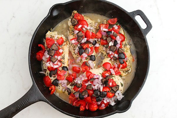 Chicken breast In a Skillet with tomtoes onion black olives