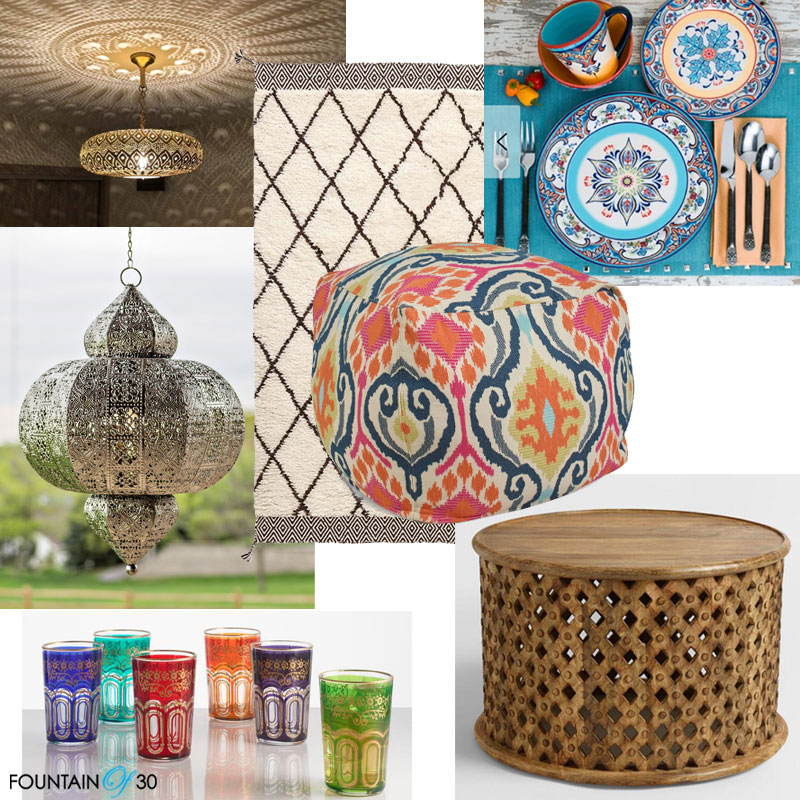 moroccan design lamp, lantern, rug, pouf, glasses, dishware, Moroccan coffee table