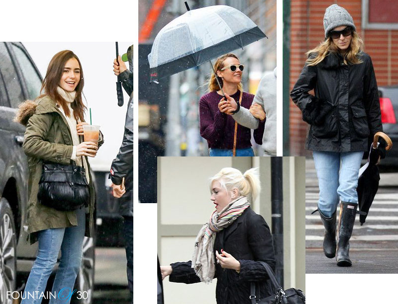 rainy day style Lily Collins, Gwen Stefan, Sarah Jessica Parker, Diane Kruger