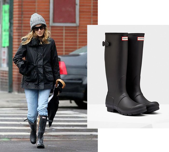 Sarah Jessica Parker Style rainy day outfits black Hunter Rain Boots 