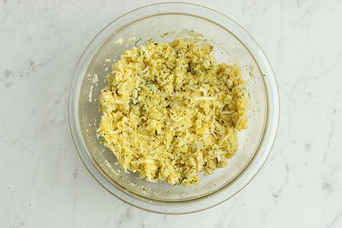 Cauliflower Pizza crust ingredient in a bowl