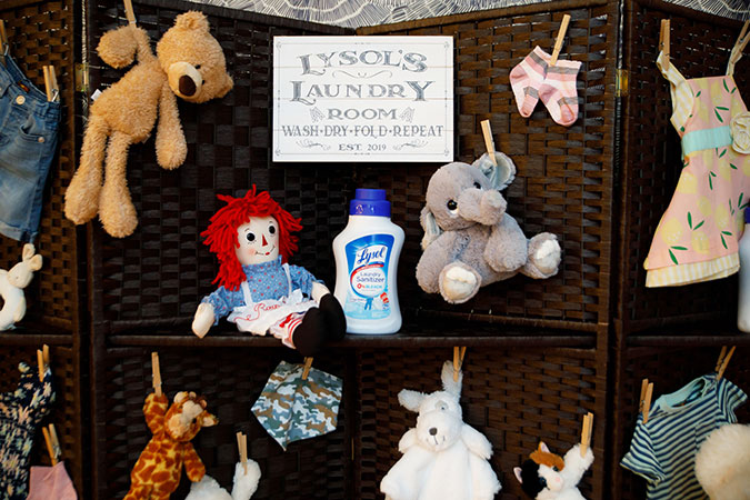 Lysol Laundry Sanitizer stuffed animal toys on a screen