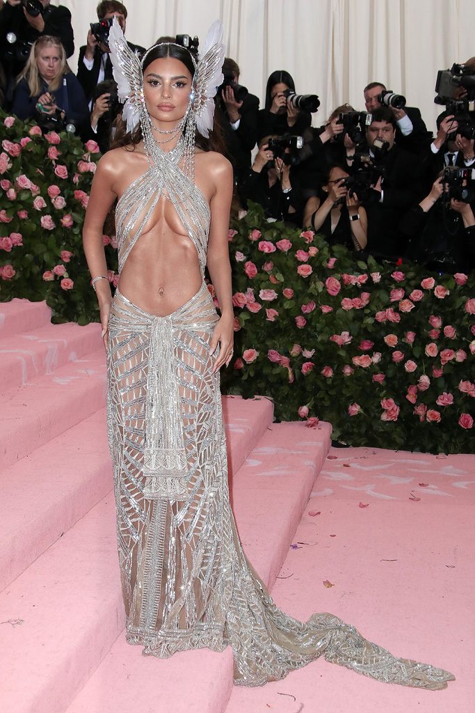 met gala 2019 Emily Ratjakowski in Peter Dundas silver sheer gown