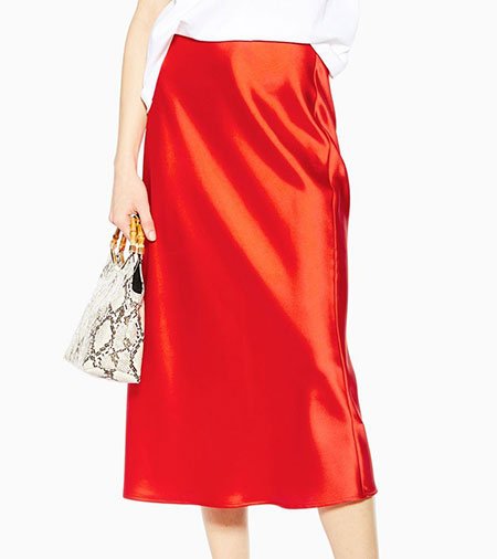 Julianne Moore Bold Monochromatic Color Red Satin Bias Midi Skirt