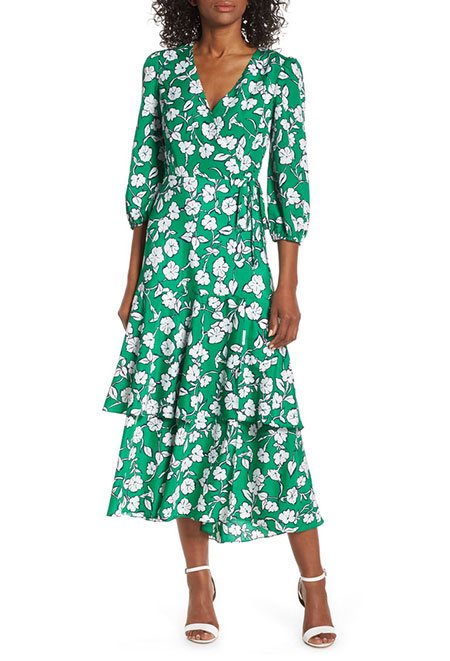 Spring Floral Look green floral Faux Wrap Dress