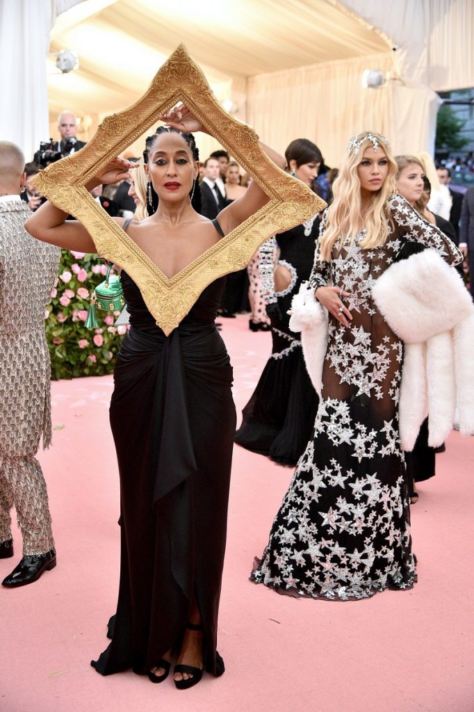 met gala Tracee Ellis Ross in a Moschino gown gold picture frame