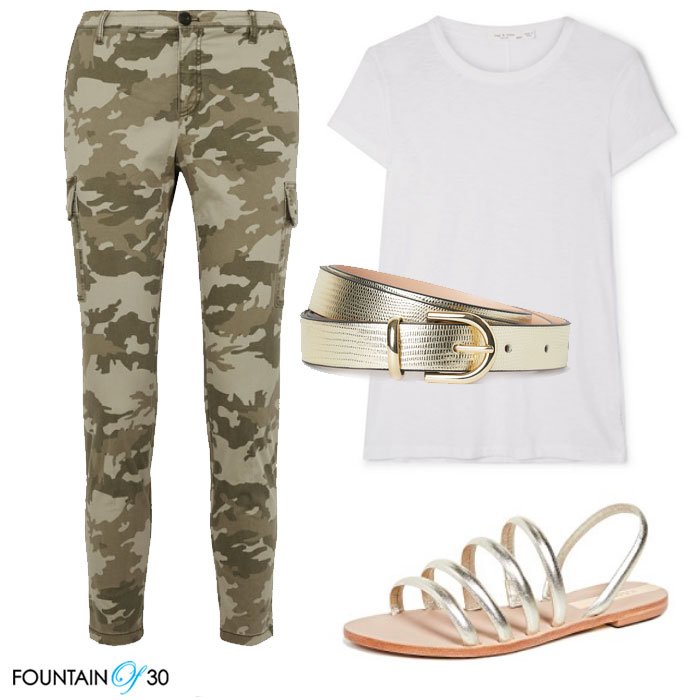 Camouflage patterns pants whit tee gold sandals fountinof30