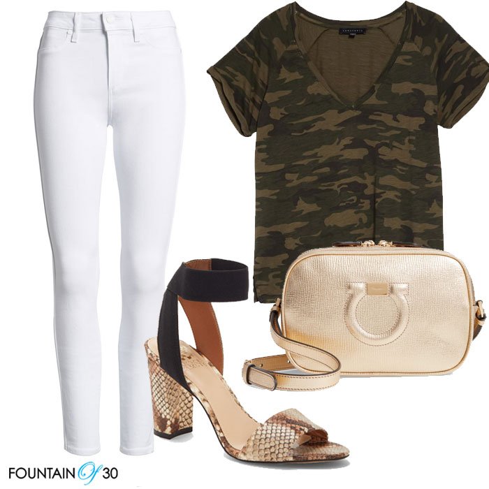 Camo Trend Styling camouflage tee white jeans gold bag fountain of 30