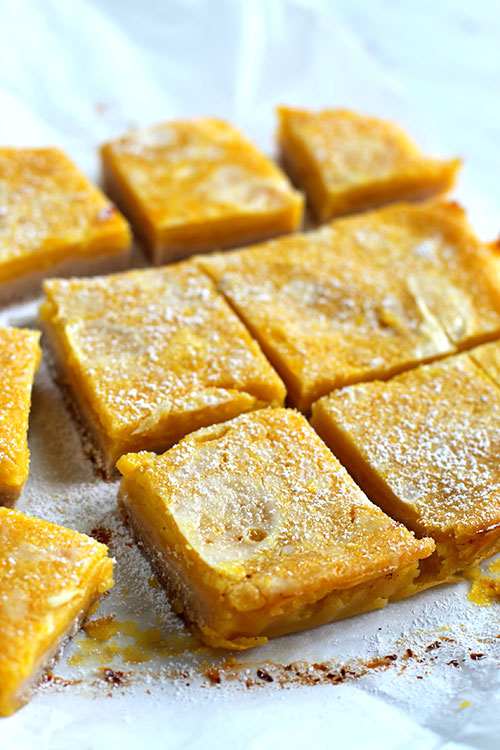 Paleo Lemon Bars slices Paleo Lemon Bars with paleo powdered sugar 9 slixes fountainof30