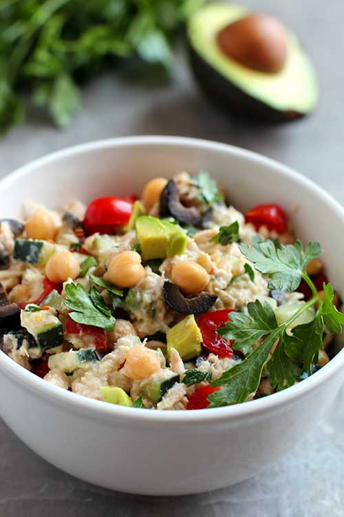 healthy tuna salad serving in a white bowl