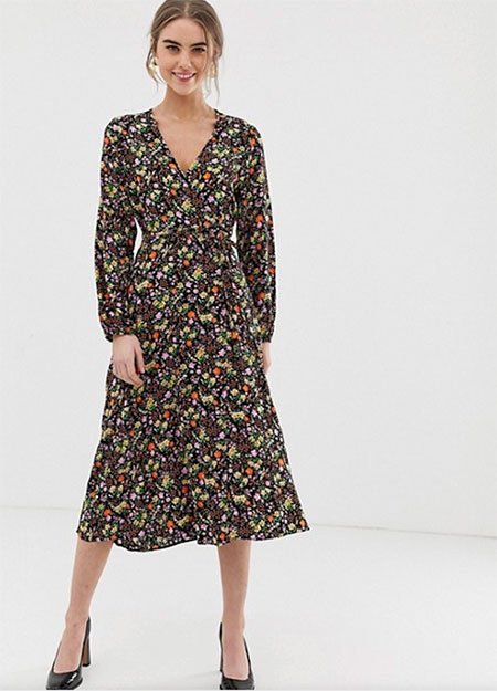 Hilary Duff look jersey wrap dress in dark florals