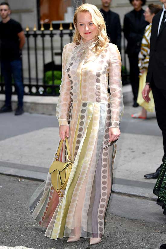 Celebrities at Paris Couture Week Elisabeth Moss polka dot Dior maxi