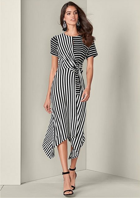 Angelina Jolie striped dress look for less Venus black and white asymmetric