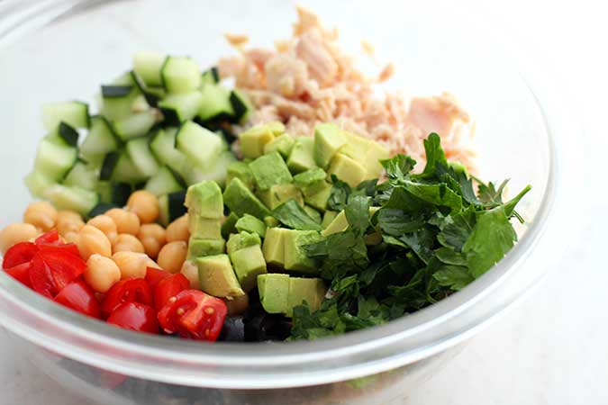 vegetables with tuna iin a glass bowl fountainof30