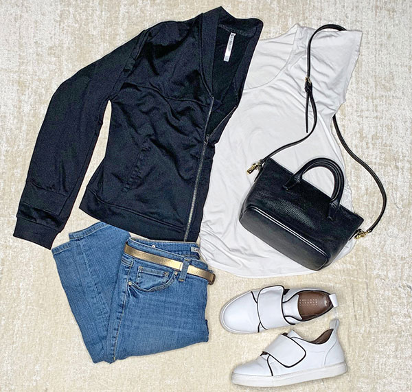 Easy Outfit Idea blue jeans whit t-shirt black jacket and bag