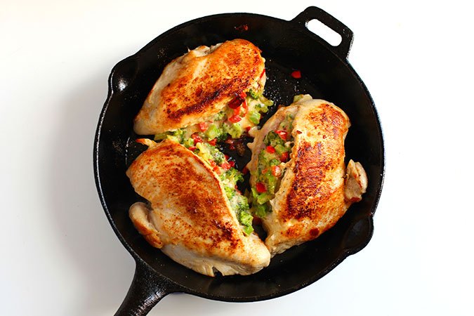 Broccoli Cheese Stuffed Chicken in skillet fountainof30