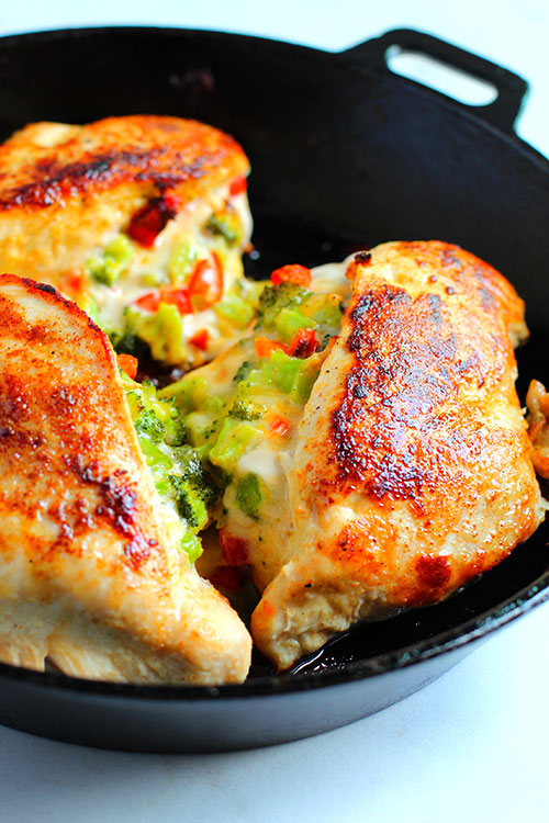 Broccoli Cheese Stuffed Chicken baked in skillet