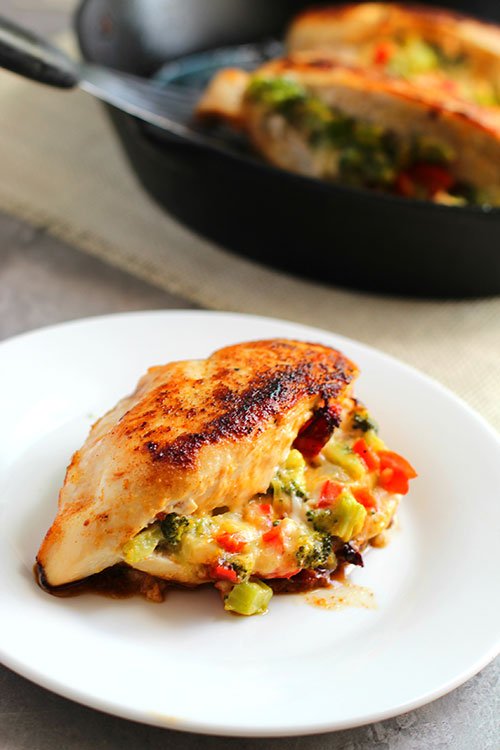 Low Carb Broccoli Cheese Stuffed Chicken on a white plate fountainof30