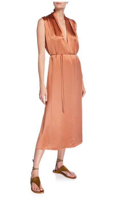 Eva Longoria elegant satin look for less Vince Sleeveless Drape-Neck Silk Shift Dress 