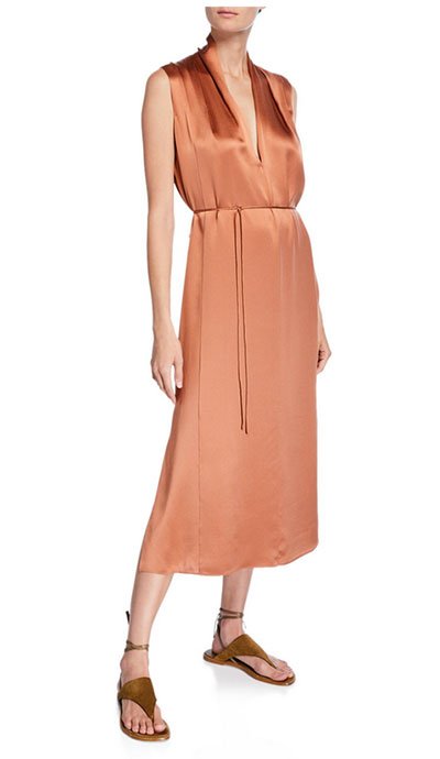 Vince Sleeveless Drape-Neck Silk Shift Dress Eva Longoria elegant satin look for less Vince Sleeveless Drape-Neck Silk Shift Dress