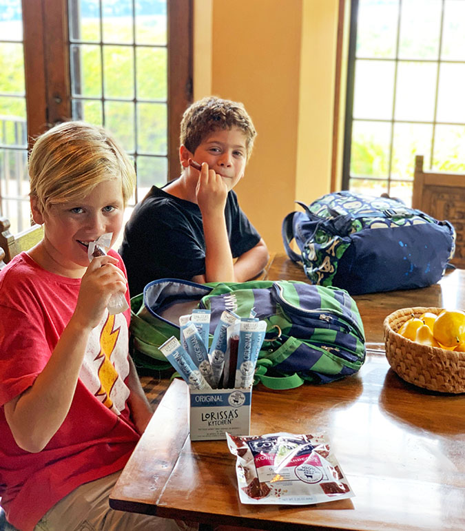 healthy snacks 2 boys kitchen table backbacks fountainof30