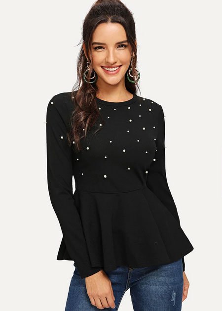 Romve Pearls Beaded Solid Peplum Top, $7.95