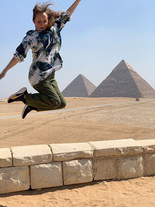 Giza Pyramids Egypt woman jumping fountainfo30