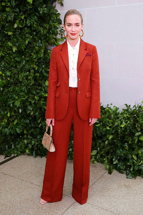 Emily Blunt red suit Tory Burch NYFW Spring 2020 