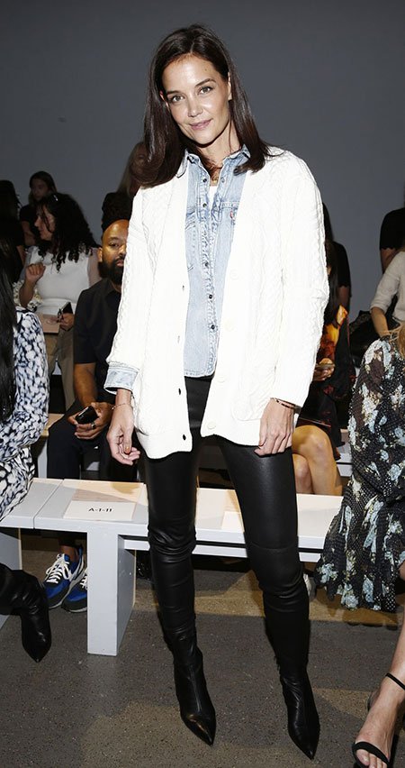 Katie Holmes Eli Tahari NYFW Spring 2020 White cardigan black leather pants