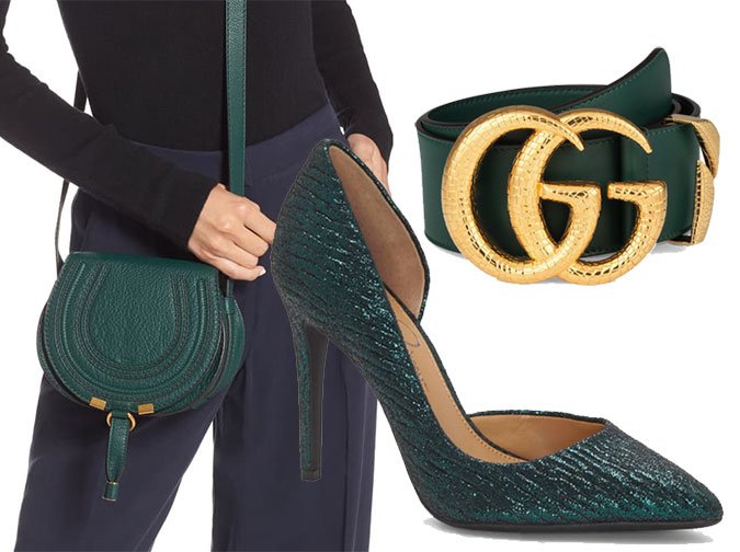 deep green designer chloe handbag Gucci belt Jesiica Simpson Pump