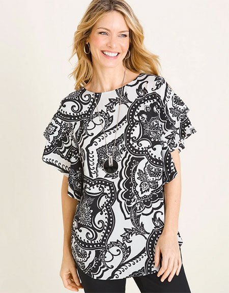 black and white Paisley Flutter-Sleeve Top fountainof30