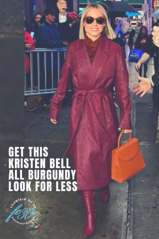 Kristen Bell burgundy designer coat look for less fountainof30