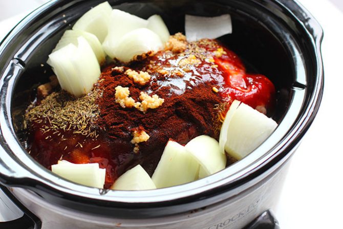 Crock-Pot Pulled Pork Pork and spices in the crock pot fountainof30