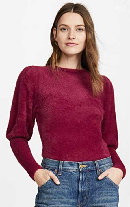 Kristen Bell burgundy furry sweater for less fountainof30