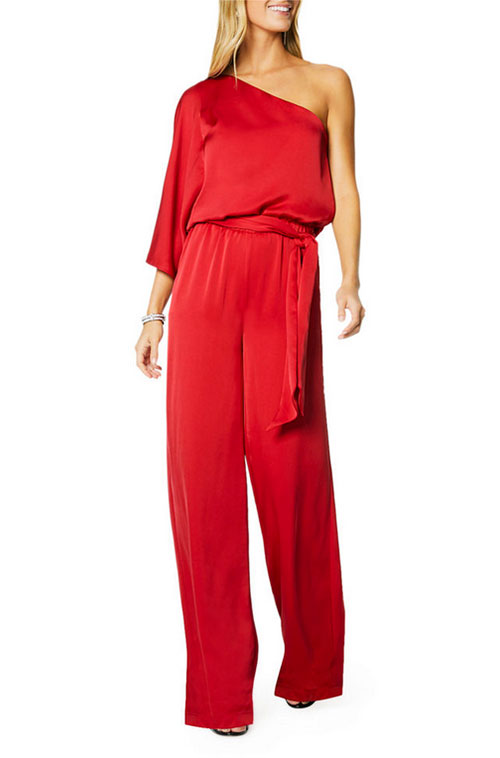 red One-Shoulder Satin Jumpsui