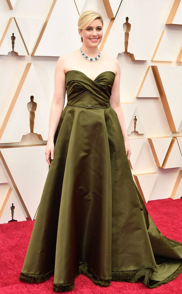 Greta Gerwig in oilve green Dior gown