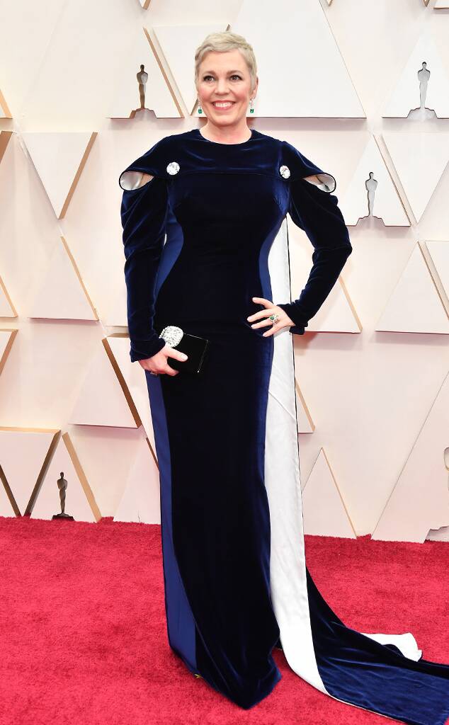 Olivia Coleman in blue Stella McCartney gown with cape