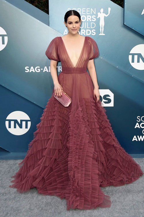 Emily Hampshire J Mendel SAGs 2020 New Celebrity Style Stars Emily Hampshire J Mendel ball gown SAGs 2020 fountainof30
