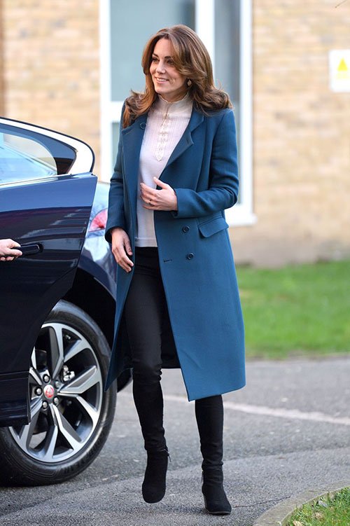 Celebrity Street Style Star Kate Middleton blue coat black pants