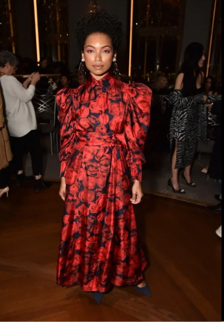 Logan Browning red blck floral dress at Prabal Gurung