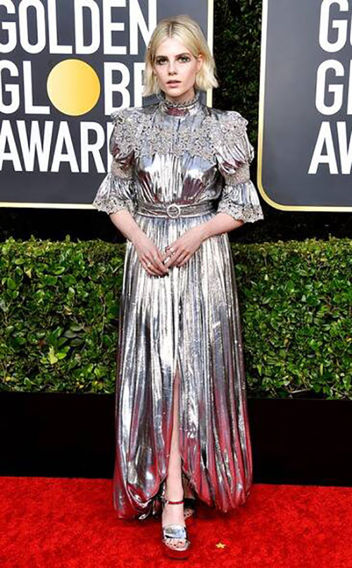Lucy Boynton Louis Vuitton new celebrity style stars Lucy Boynton silver Louis Vuitton Golden Globes