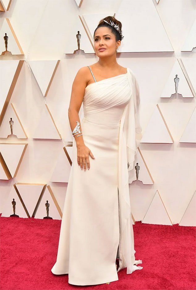 oscars 2020 worst dressed Salma Hayek in white one shoulder custom Gucci