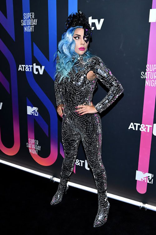 Celebrities Are Helping lady gaga blue hair glitter jumpsuit