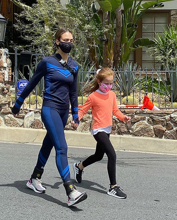 Jessica Alba with daughter Haven wearing face masks