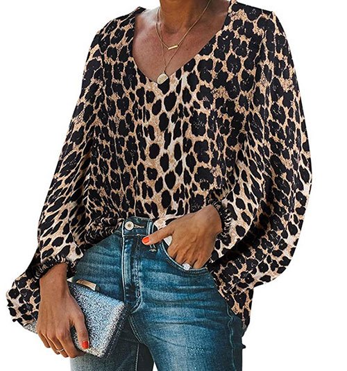 Balloon Sleeve V-Neck Blouse leopard print